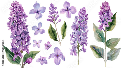 Collection of lilac flowers watercolor cutout png isolated on white or transparent background 