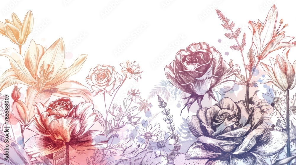 Pastel Blossoms Line Art - Elegant hand-drawn illustrations of roses, lilies, and wildflowers.