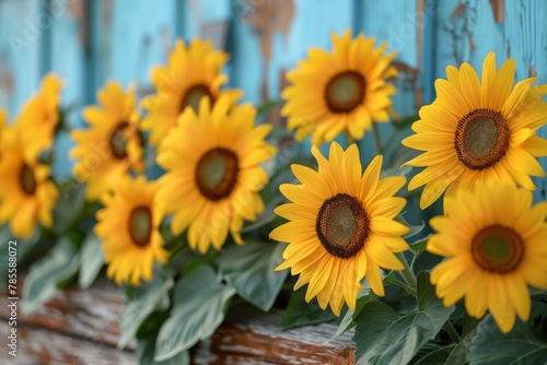 Vibrant, fully bloomed sunflowers in front of a rustic blue wooden background, showcasing the contrast between nature and man-made