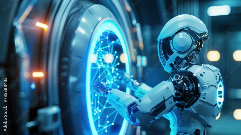 Fototapeta premium Futuristic robot with advanced artificial intelligence interacts with holographic interface in high-tech laboratory. Technological innovation and robotics.