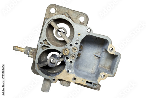 float bowl of carburetor. showing dual chambers with main and boost venturi, isolated on white background