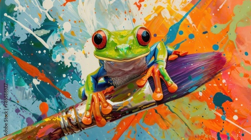 Vibrant acrylic painting of tree frog on paintbrush with color splatters.