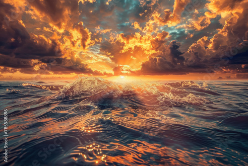 Dramatic Sky with Radiant Sunset Over Turbulent Ocean Waves in a Spectacular Seascape