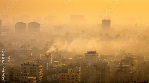 Urban Sprawl Shrouded in Smog - Environmental crisis and air pollution awareness. © Postproduction