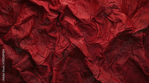 Crumpled red fabric texture filling frame for background use or graphic design with vibrant, monochromatic aesthetics. Textured background and abstract patterns.