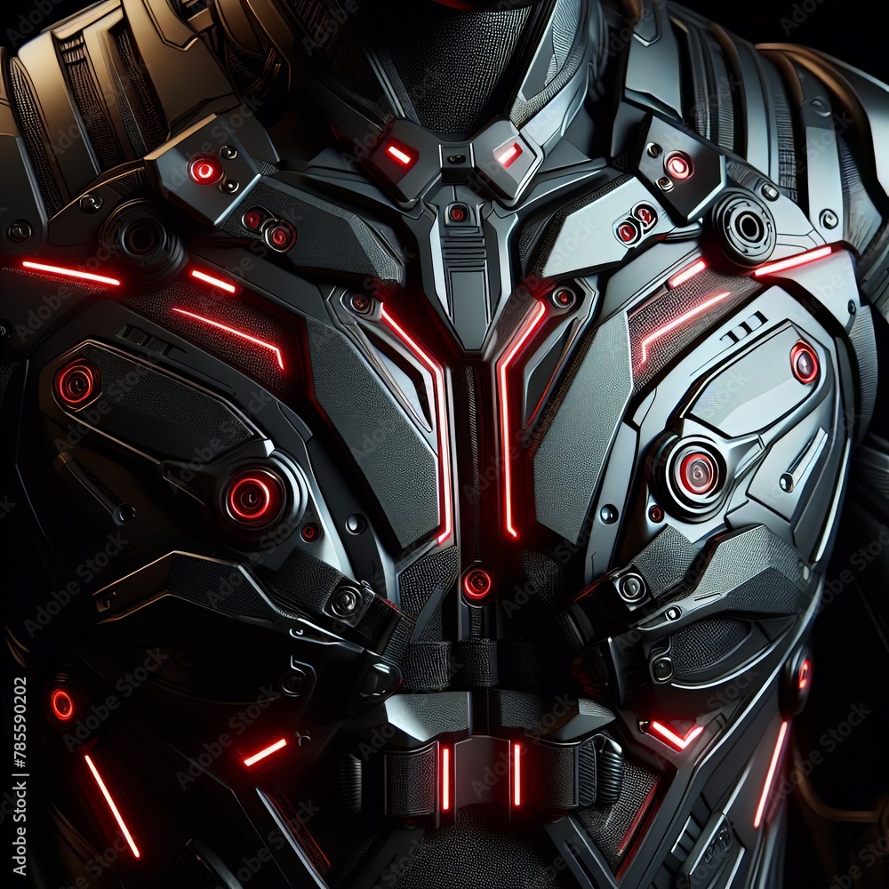 Black Advanced Military Suit with Red Accents, Design, Art, Illustration, Generative Ai.