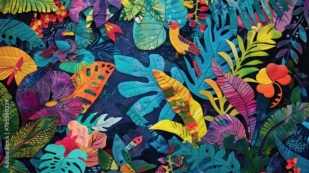 Rainforest Tapestry - Colorful and lush design evoking the growth and renewal of a rainforest ecosystem.