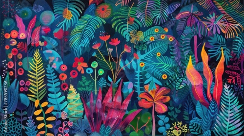 Colorful abstract design inspired by lush rainforest flora and fauna  conveying growth and renewal.