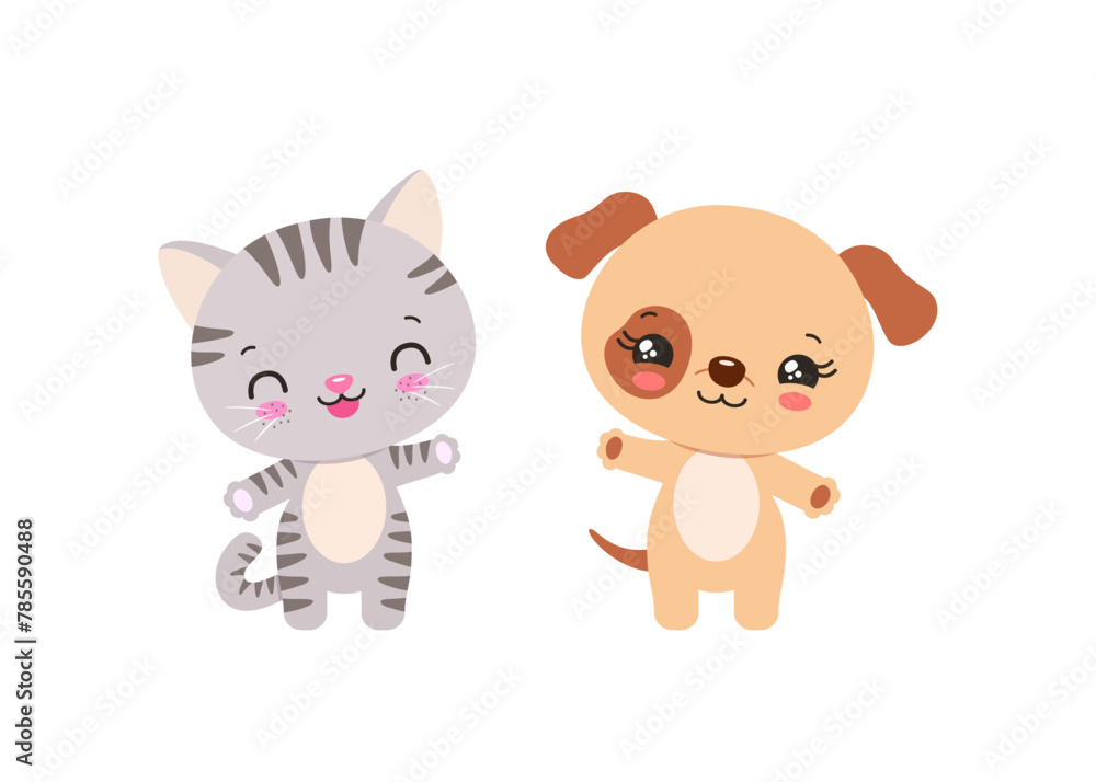 Kawaii cat and dog cute pets chibi animals. Anime asian cartoon animal characters. Adorable kitten and puppy smiling waving. Little baby cat and dog children vector illustration.