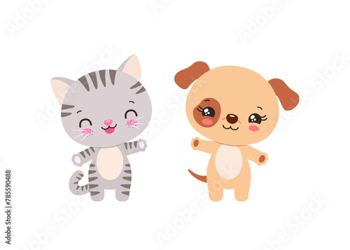 Kawaii cat and dog cute pets chibi animals. Anime asian cartoon animal characters. Adorable kitten and puppy smiling waving. Little baby cat and dog children vector illustration. © Cute Design
