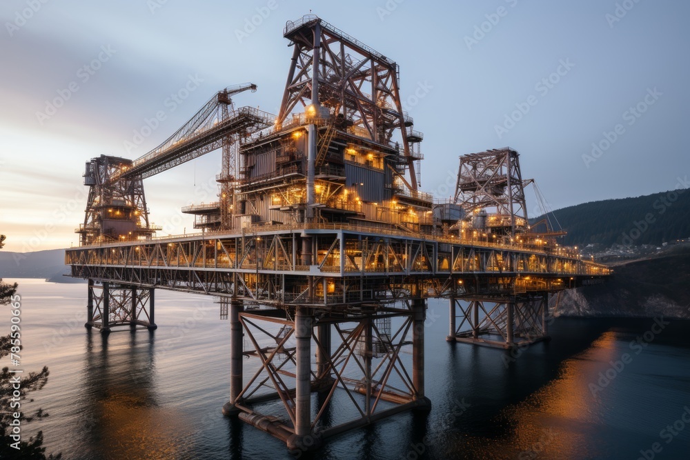 A high quality image that captures the industrial infrastructure of an offshore oil rig platform silhouetted against the vast and serene ocean at dusk.