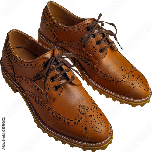 Brown leather shoes with laces for golf isolated cut out png on transparent background