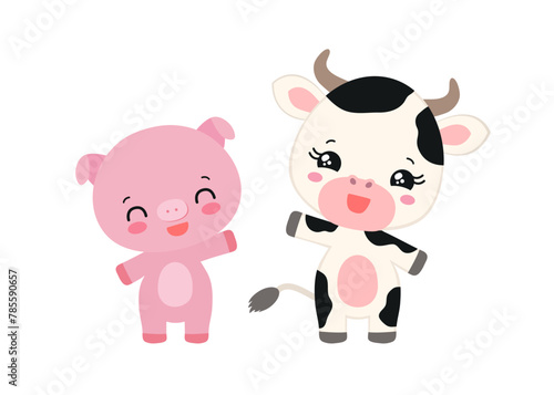 Kawaii cow and pig cute pets chibi animals. Anime asian cartoon domestic farm animal characters. Adorable calf and piglet smiling waving. Little baby cow and piggy children vector illustration. © Cute Design