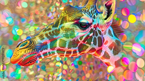 A colorful  digitally manipulated image of a giraffe against a vibrant bokeh background