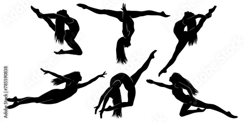 Gymnast Girls Silhouettes Set. Aerial Dancers. Vector cliparts isolated on white.