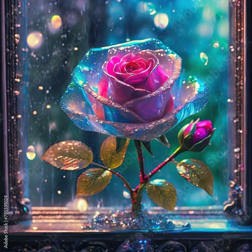 The most beautiful pink rose in the world, on beautiful lace Ms.'s flowers made of transparent glass Enchanted glitter Transparent peridot stems, leaves and buds Passion Rain window Antique furniture,