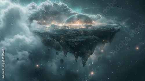 An ethereal floating island in the expanses of interstellar space, with misty swirls and glowing constellations