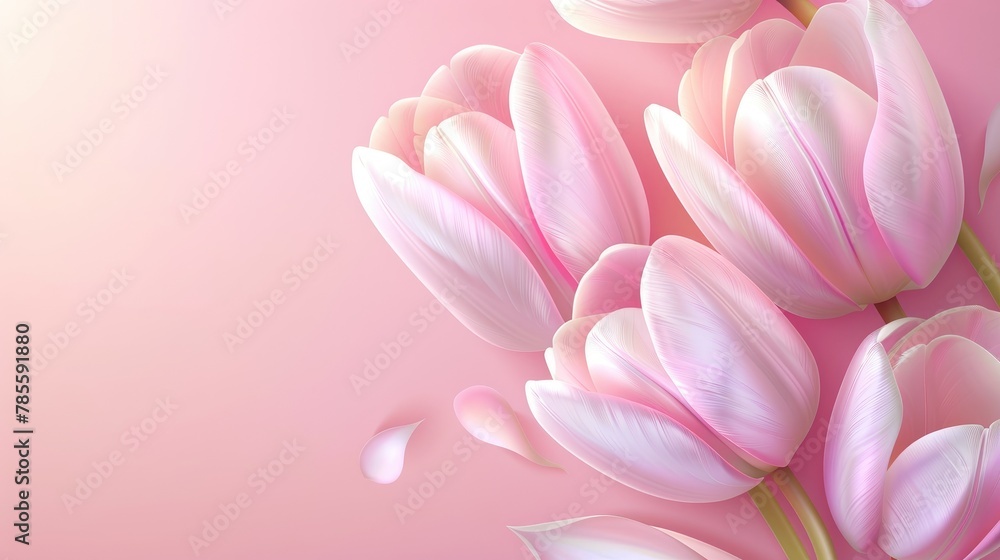 A gentle cluster of pink tulips with subtle shading stands out against a soft, pastel pink background.