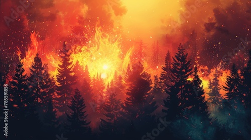 A powerful depiction of a forest fire at sunset with intense flames consuming trees and thick smoke billowing into the sky.