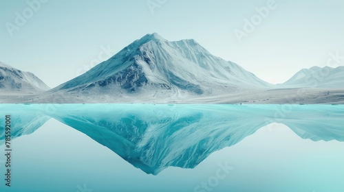 A snow-capped mountain peak with a crystal clear reflection in the still waters below, in a serene landscape. © Fostor