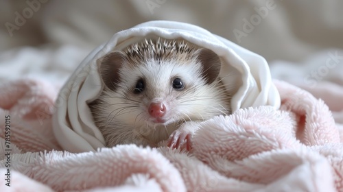   A hedgehog peeks out from under three blankets on a bed © Olga