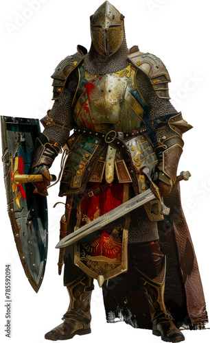 Medieval knight in full armor with sword and shield isolated cut out png on transparent background