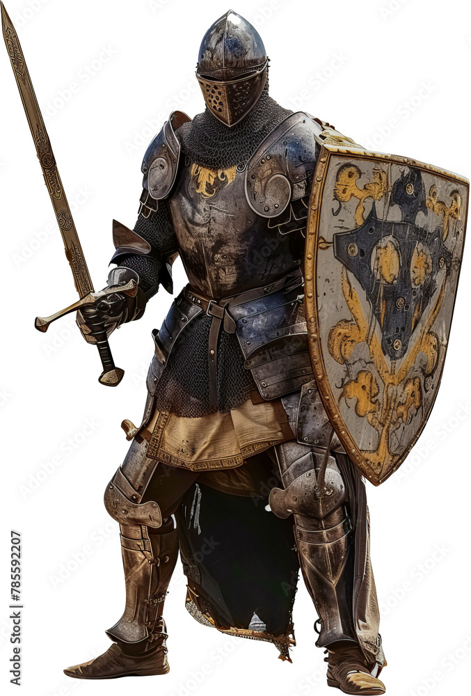 Medieval knight in full armor with sword and shield isolated cut out png on transparent background