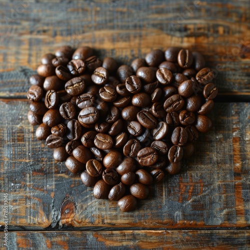 Heart Shape Made of Roasted Coffee Beans on Wood.