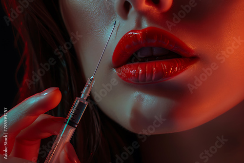 A close-up view of a female model's hand holding a needle for a lip filler treatment, emphasizing the precise and delicate approach to modern cosmetic enhancements and beauty procedures.
