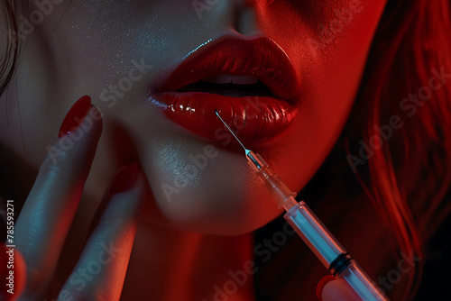 A close-up view of a female model's hand holding a needle for a lip filler treatment, emphasizing the precise and delicate approach to modern cosmetic enhancements and beauty procedures.