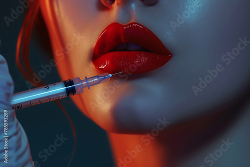 A close-up view of a female model's hand holding a needle for a lip filler treatment, emphasizing the precise and delicate approach to modern cosmetic enhancements and beauty procedures.