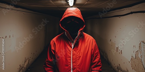 Man wearing a red hoodie in a dark underpass with cement walls - faceless black shadow photo