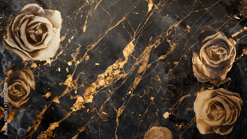 Black Gold Marble Floor Texture. Flowers pattern. Interior marble for wall.
