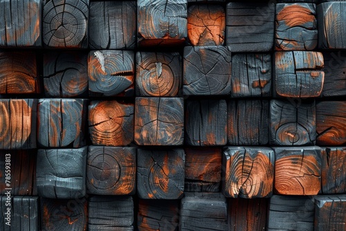 This image features a close-up view of a pattern formed by dark stained wooden blocks, showcasing detail and texture