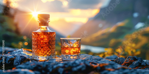 Whiskey Bottle by Lakeside at Sunset.