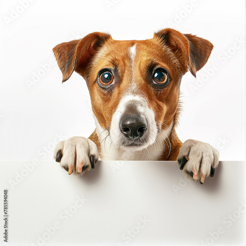 surprised dog big eyes looking from behind white long frame banner, tail and paws visible, white background © Natalina