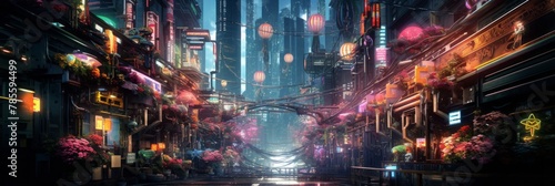 A glowing neon purple cyberpunk city, banner photo