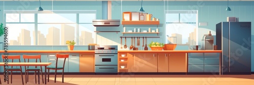 Illustration of an empty school or university kitchen with large windows and cooking utensils, banner