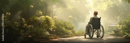 An elderly man sitting in a wheelchair in the garden, a sick senior man, banner