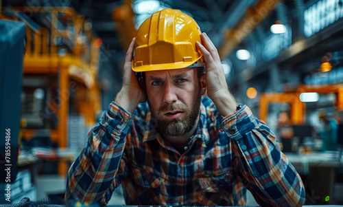 Portrait of worker in hard hat at large metalworking plant. man works at machine.