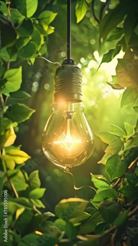 Light bulb floating in the air, surrounded by leaves in ecological concept, environment and sustainability concept and green energy photo