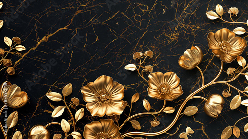 Black Gold Marble Floor Texture. Flowers pattern. Interior marble for wall.