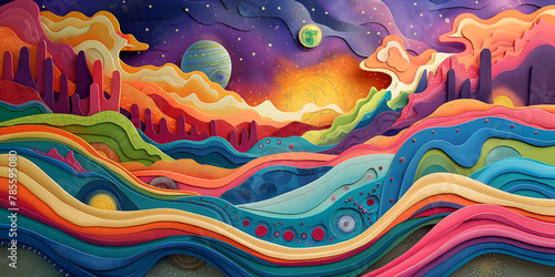 A mesmerizing composition of layered colors undulates like waves across a galactic landscape