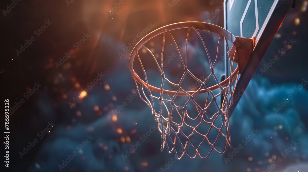 A basketball net is shown with a blurry background