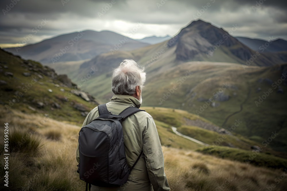 Senior man in a green jacket with a backpack overlooks mountains, under a clouded sky on a grassy slope Senior man in a green jacket with a backpack overlooks mountains, under a clouded sky on a grassy slope