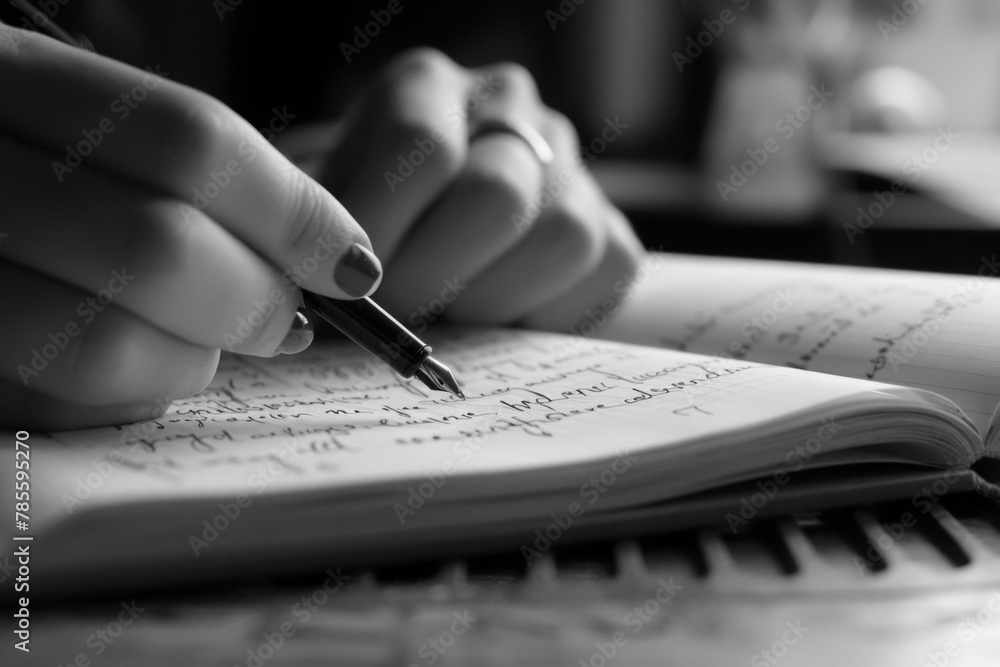 Closeup of a woman's hand writing on paper with a pen, focused on the hands and the book or notebook where she is taking notes Generative AI Closeup of a woman's hand writing on paper with a pen, focused on the hands and the book or notebook where she is taking notes Generative AI