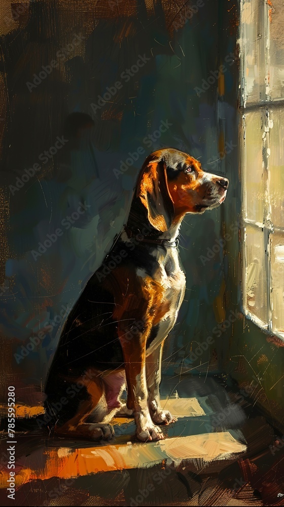 Pensive beagle, oil paint style, warm indoor light, side view, rich textures, deep shadows. 