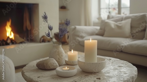  A cozy living room featuring a fireplace, a table with two lit candles, and a couch in the background