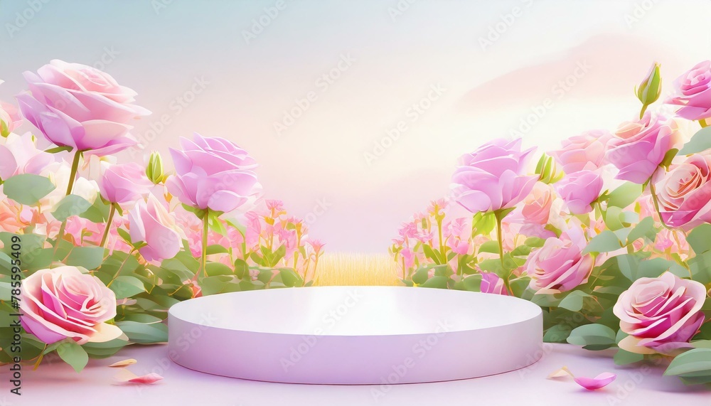 Abstract scene background. Cylinder podium on pink flowers background. Product presentation, mock up, show cosmetic product, Podium, stage pedestal or platform. Abstract scene background. Cylinder podium on pink flowers background. Product presentation, mock up, show cosmetic product, Podium, stage pedestal or platform.
