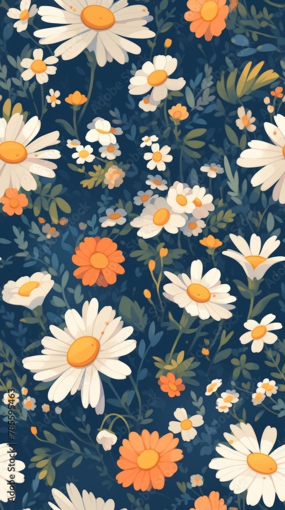 Vibrant Daisy Patterned Minimalist Wallpaper Generative AI